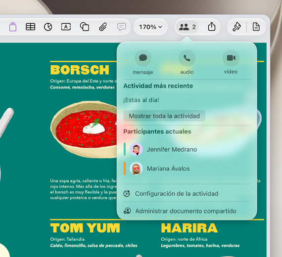 Pantalla que muestra opciones de colaboración en un proyecto