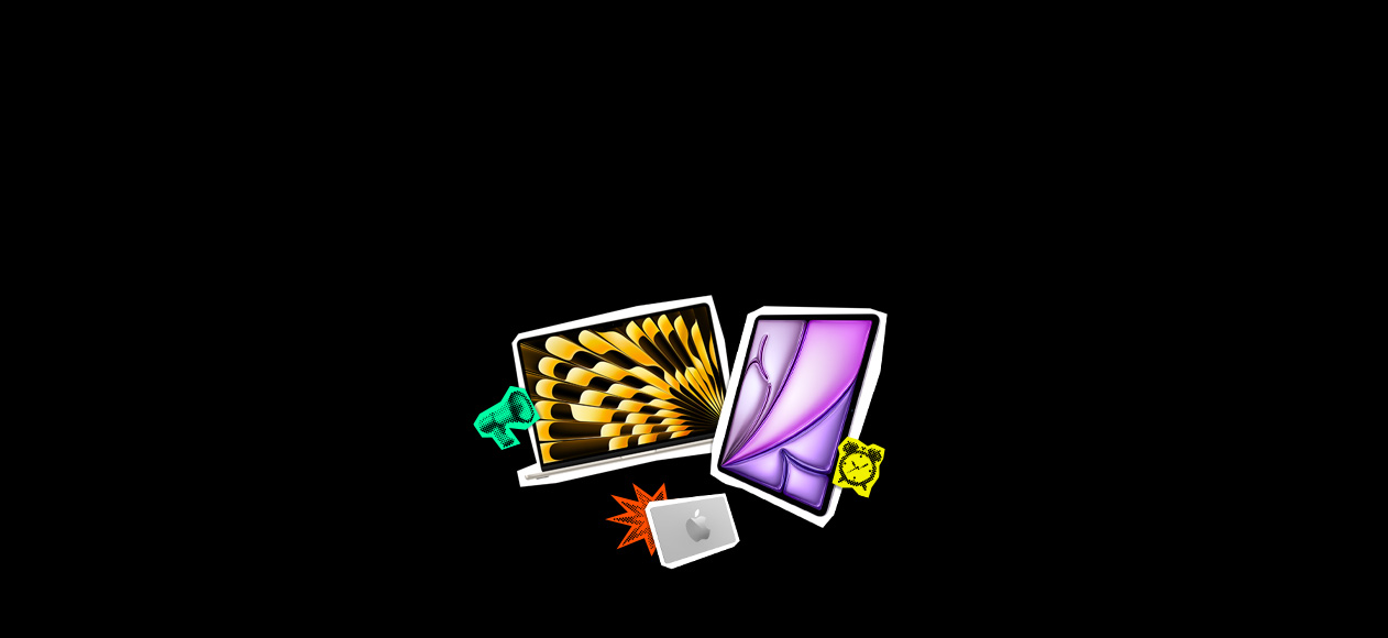 MacBook Air, in Starlight, displaying a yellow-and-black pattern on screen, megaphone emoji sticker, Apple Store Gift Card, rectangular, silver Apple logo in the centre, firecracker emoji sticker, iPad Air models in multiple colours, stacked vertically, clock emoji sticker