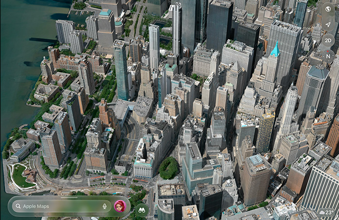 Apple Maps showing a detailed aerial view of a city with buildings, roads, and green spaces