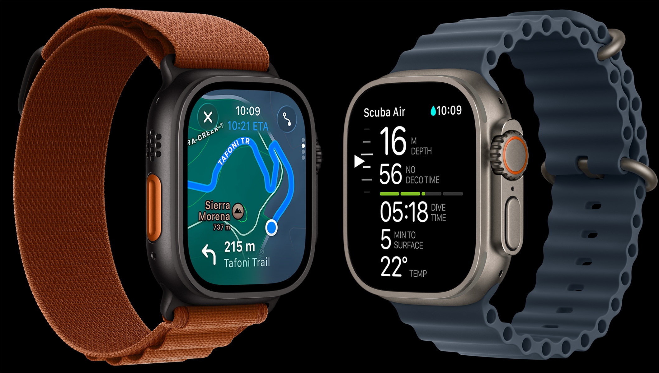 Urządzenia Apple Watch Ultra 3 z tytanowymi kopertami w kolorze czarnym i naturalnym, widać mapy turystyczne i parametry nurkowania