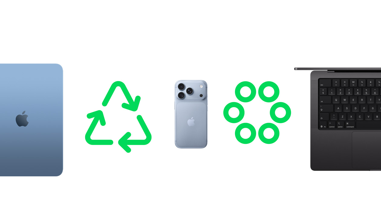 Tył iPada Air w kolorze niebieskim, zielona ikona recyklingu, tył iPhone’a 18 Pro w kolorze niebieskim, zielona ikona obiegu materiałów, częściowo widoczna klawiatura MacBooka Pro w kolorze gwiezdnej czerni