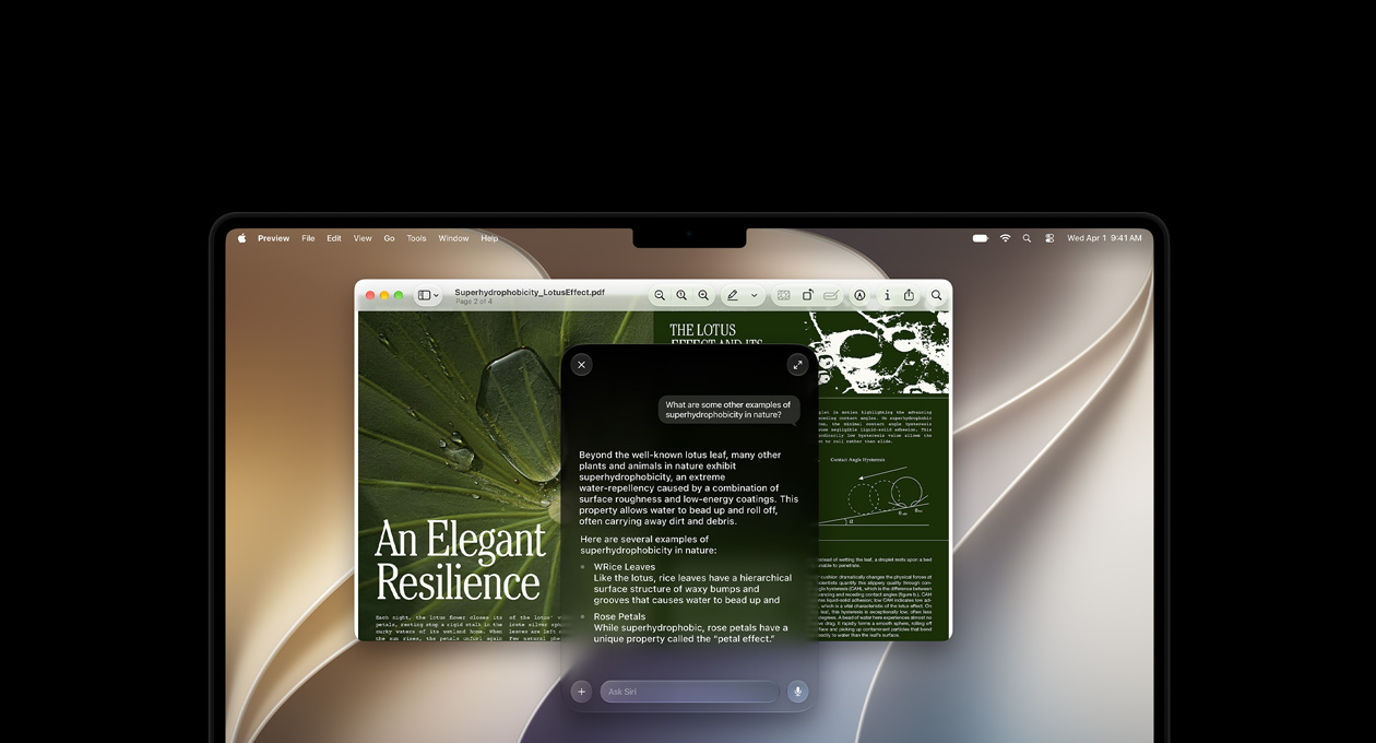 MacBook Pro 14 cali w kolorze gwiezdnej czerni, na ekranie widać raport pt. An Elegant Resilience i zapytanie do Siri wraz z odpowiedziami