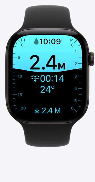 Apple Watch Series 12 z kopertą z aluminium w kolorze czarnym i z paskiem sportowym w kolorze czarnym, na ekranie apka Głębokość pokazująca zanurzenie na głębokość 2,4 m