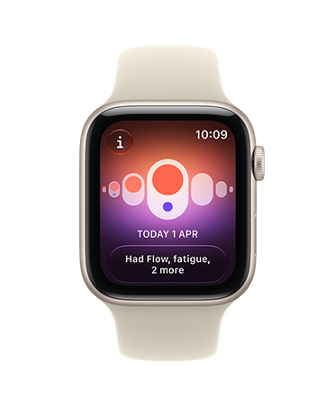 Apple Watch SE 3, aluminium case, starlight colour, screen shows health tracking (cycle tracking), right side exterior, Digital Crown dial, Sport Band, sand colour (pale tan)
