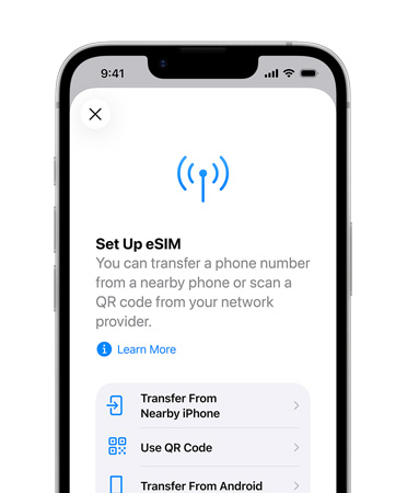 iPhone 17e, front exterior, showing the Set Up eSIM feature to transfer a phone number from a nearby phone or scan a QR code