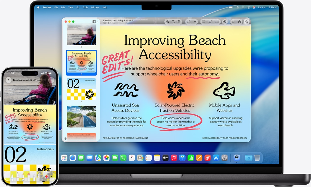 iPhone a MacBook vedľa seba, na MacBooku vidíme zrkadlový efekt. Widgety Kalendár a Poznámky v hornej časti displeja, apky pri spodnej časti displeja.