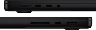 Porty na MacBooku Pro – ľavá strana: MagSafe 3, dva porty Thunderbolt a konektor na slúchadlá – pravá strana: slot na kartu SDXC, jeden port Thunderbolt a port HDMI