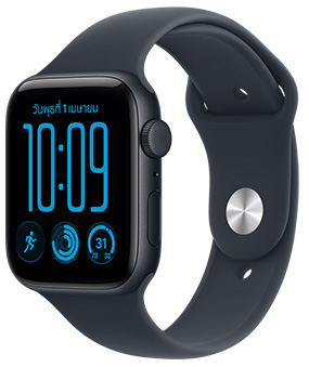 Apple Watch SE 3, aluminum case, midnight color, right side exterior, Digital Crown, microphone, side button, Sport Band, black color, pin-and-tuck closure, metallic silver color
