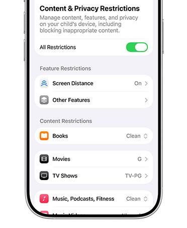 iPhone แสดงตัวเลือกการจำกัดเนื้อหาและความเป็นส่วนตัวสำหรับบัญชีเด็ก