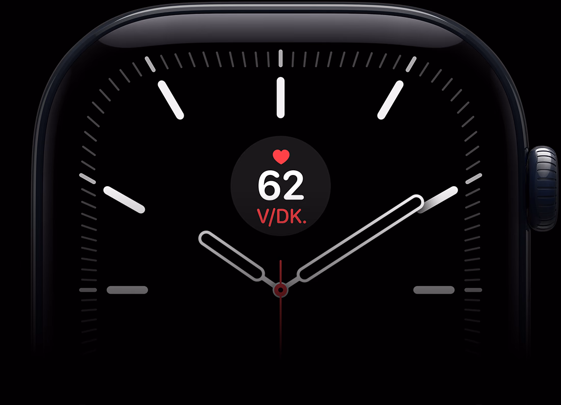 Apple Watch Series 12, alüminyum kasa, siyah renk, kalp atış hızı komplikasyonunun bulunduğu Meridyen saat kadranı, sağ dış görünüm, Digital Crown