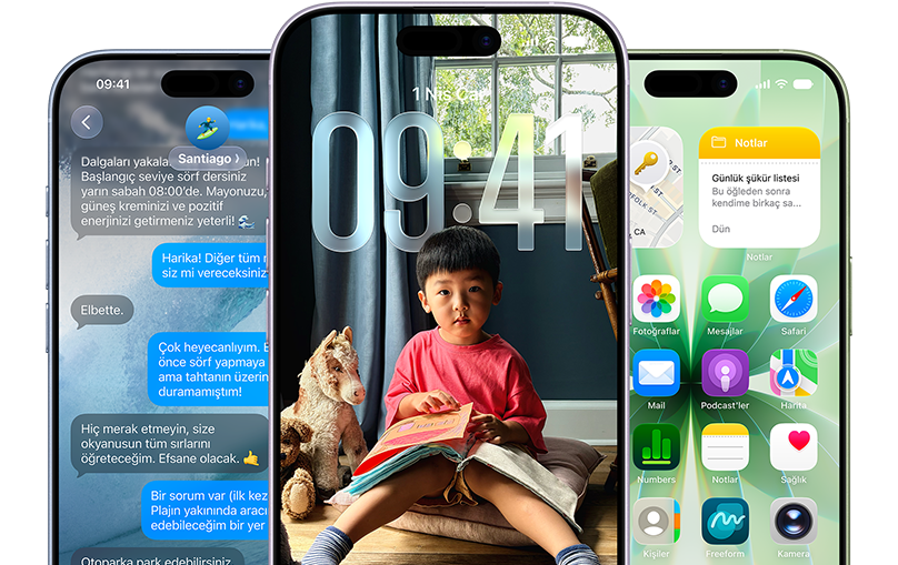 iPhone 17 aygıtları, önden dış görünüm, sis mavisi, lavanta, ada çayı renk seçenekleri, iOS özellikleri - Arka Planı kişiselleştirilmiş mesajlar sohbeti, Liquid Glass efektiyle Kilit Ekranı ve çeşitli uygulamaların yer aldığı Ana Ekran