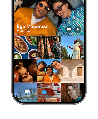 iPhone 18 Pro, Gümüş rengi, ekranda tatil fotoğraflarından oluşan bir yerleşim gösteriliyor