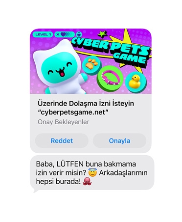 Ekranda cyberpetsgame.net ekran görüntüsüyle bir mesaj gösteriliyor, grafik altında Decline ve Approve düğmeleri yer alıyor, mesajda Dad, can I please check this out, all my friends are on it already yazıyor.