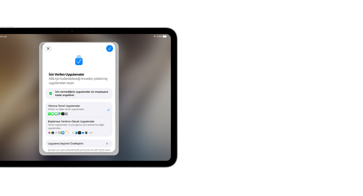 11 inç iPad Pro, Gümüş rengi, ekranda ebeveynlerin çocukları için seçebileceği uygulamaların yer aldığı Ayarlama Yardımcısı uygulaması gösteriliyor