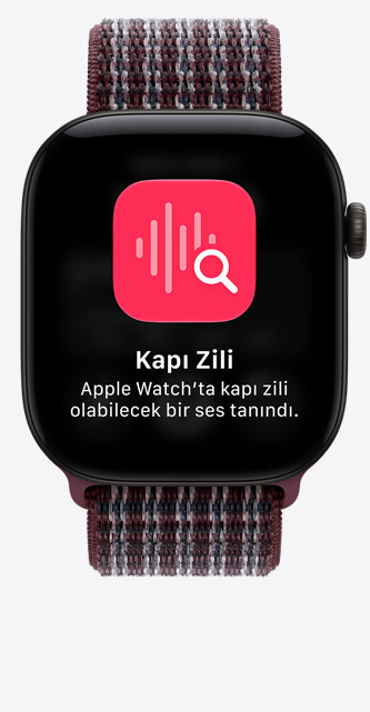 Apple Watch Series 12, alüminyum kasa, siyah renk, iğnelenmiş sohbetler ekranı, Spor Loop kordon, burgonya ekose renk