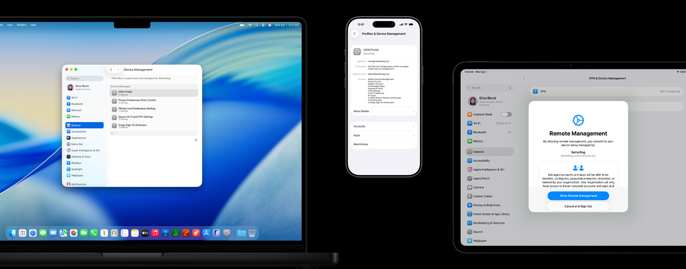 畫面展示三部 Apple 裝置：左側的 Mac 電腦顯示裝置管理視窗。中間的 iPhone 顯示 MDM (行動裝置管理) 描述檔設定。右側的 iPad 顯示遠端管理視窗。