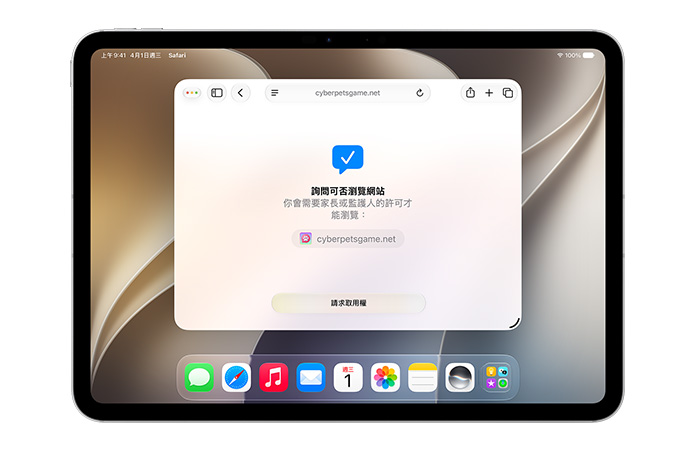 iPad 顯示詢問可否瀏覽的介面，通知使用者需要許可才能瀏覽，且下方有請求取用權按鈕。
