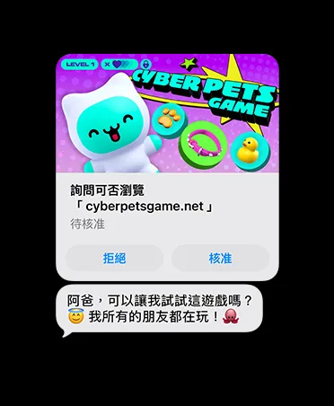 螢幕顯示一則訊息，其中包含 cyberpetsgame.net 網站截圖。圖片下方提供拒絕和核准按鈕。訊息內容寫著阿爸，可以讓我試試這遊戲嗎？我所有的朋友都在玩