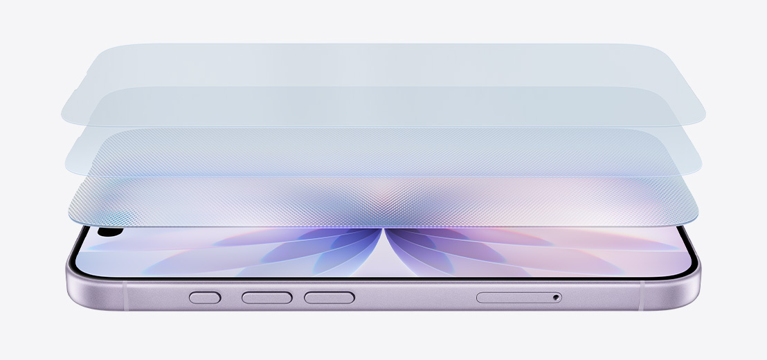 薰衣草紫色 iPhone 17 橫放展示側面，採用層層相疊的設計來展示超瓷晶盾 2