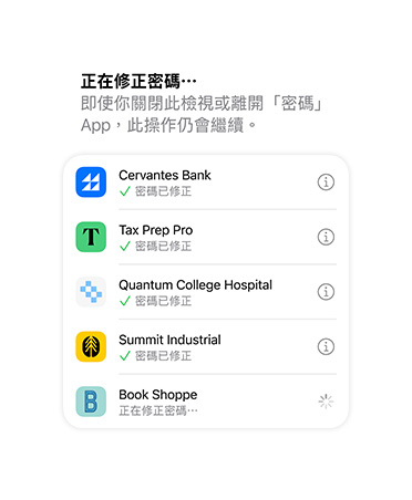 密碼 app 會檢視密碼，並標示為安全性已升級或已遭洩露。