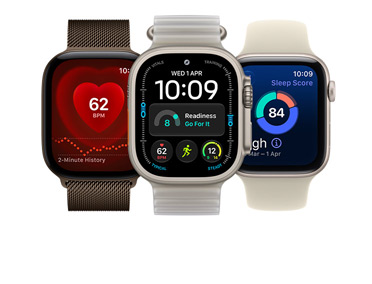 Three Apple Watch devices: Apple Watch Series 12, aluminium case, dark bronze colour, Heart Rate app, dark bronze colour Milanese Loop strap, Apple Watch Ultra 4, titanium case, natural colour, Modular watch face with readiness, heart rate, Workouts and UV Index complications, right side exterior, Digital Crown, raised side button, translucent kelp colour Ocean Band, Apple Watch SE 3, aluminium case, starlight colour, sleep score, right side exterior, Digital Crown, sand colour Sport Bands
