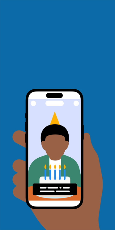 Illustration of a hand holding an iPhone showing a video clip of a boy sitting in front of a cake with candles with captions on screen