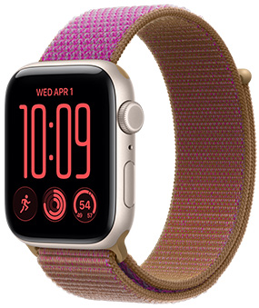 Apple Watch SE 3, aluminum case, starlight color, right side exterior, Digital Crown dial, microphone, side button, connected to Sport Loop band, magenta color, hook-and-loop fastener