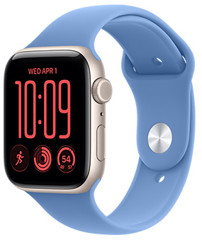 Apple Watch SE 3, aluminum case, starlight color, right side exterior, Digital Crown dial, microphone, side button, connected to Sport Band, wildflower blue color (powder blue), pin-and-tuck closure (silver pin)