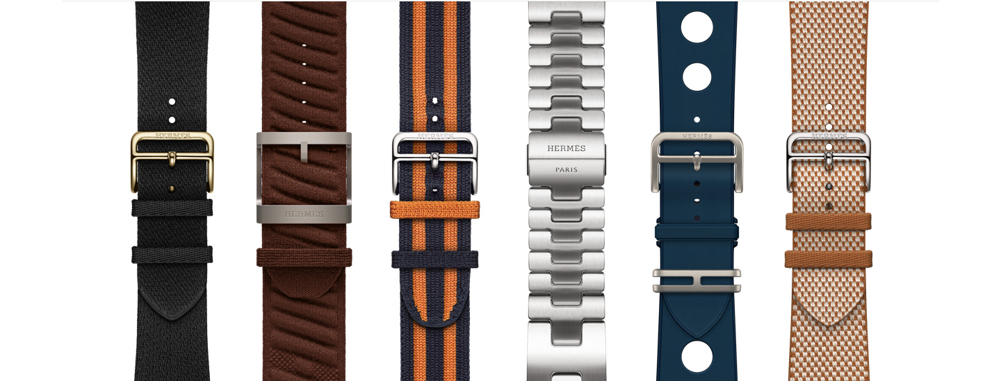 Six Apple Watch Hermès bands in varying styles and colors