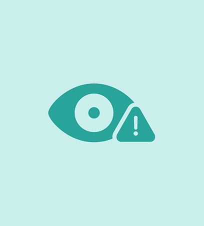 Eye health alert graphic, open eye with exclamation point warning symbol