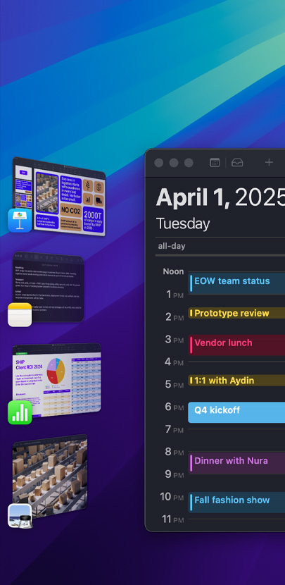 Plusieurs apps iOS ouvertes sur le bureau, dont l’app Calendrier, la plus visible, affichant Ie programme de la journée.