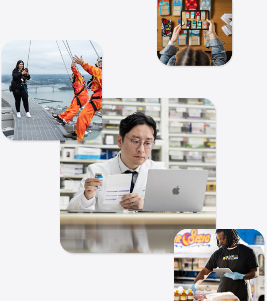 Várias pequenas empresas, incluindo um farmacêutico com uma bata de laboratório a interagir com um MacBook, uma instrutora de bungee jumping a tirar uma fotografia no iPhone de duas pessoas prestes a saltar, um homem a segurar um iPad enquanto interage com alimentos, uma mulher a tirar uma fotografia no iPad de meias expostas numa mesa.