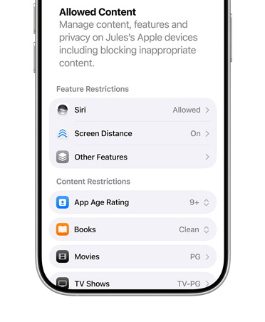 iPhone displaying content and privacy restrictions options for Child Account.