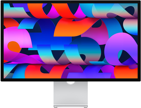 Parte frontal del Studio Display con fondo de pantalla colorido y diseño en forma de cintas