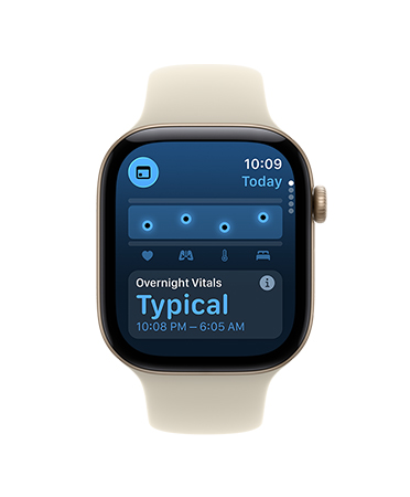Apple Watch Series 12, screen shows overnight vitals typical notification, aluminum case, light gold color, connected to Sport Band, sand color (pale tan)