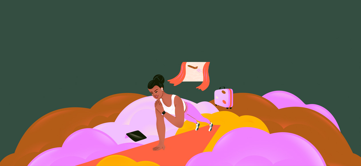Illustration einer Frau in Sportkleidung, die Liegestütze auf rosa, gelben und orangefarbenen Wolken macht. Neben ihr liegt ein iPad, hinter ihr steht ein Koffer. Durch das Fenster im Hintergrund ist ein Flugzeug zu sehen.