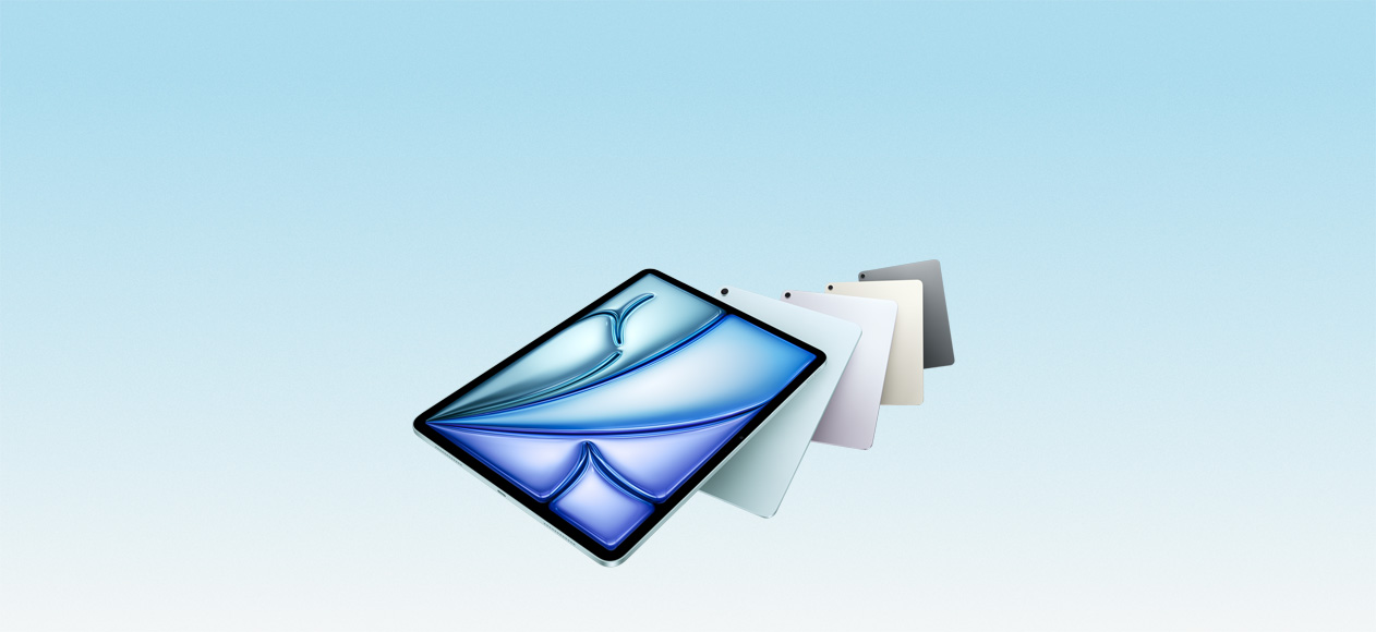 iPad Air Modelle schwebend, Rückansicht, Kamera, Vorderansicht, gerundete Ecken, schwarzer Displayrand