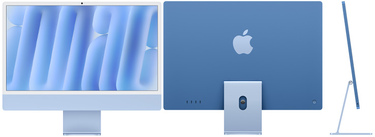Vista frontal, posterior y lateral de la iMac azul