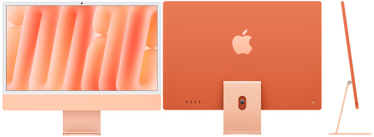 Vista frontal, posterior y lateral de la iMac naranja