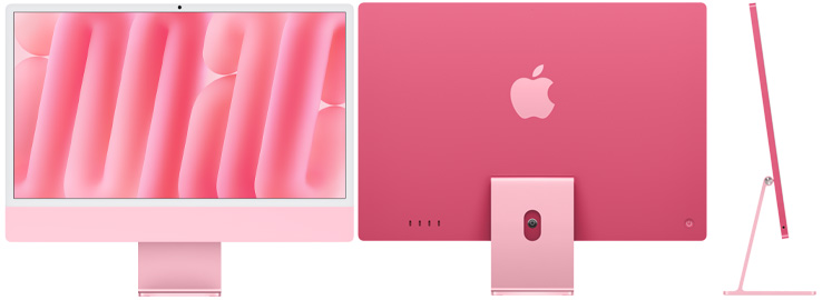 Vista frontal, posterior y lateral de la iMac rosa