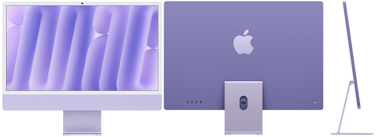 Vista frontal, posterior y lateral de la iMac morada