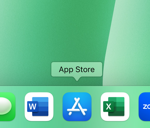 iMac dock showcasing app icons: Contacts, Microsoft Word, App Store, Microsoft Excel and Zoom