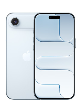 iPhone Air, aizmugures skats, debeszila krāsa, Fusion kameru sistēma augšpusē, centrā Apple logotips, priekšpuses skats, debeszila krāsa, Dynamic Island centrā augšpusē