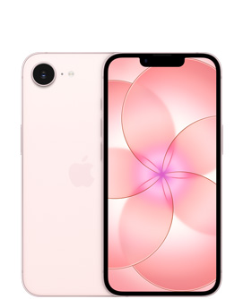 iPhone 17e, aizmugure, maigi rozā krāsa, Fusion kamera augšpusē, Apple logotips centrā, priekšpuse, maigi rozā krāsa, pilnekrāna dizains