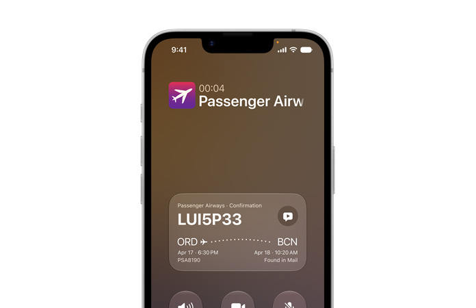 iPhone 17e, displaying Call Context feature powered by Apple Intelligence. Screen shows airline confirmation details while on a call