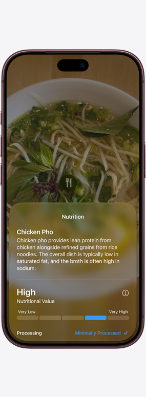 iPhone 18 Pro, front exterior, Siri mode in Camera being used to provide nutritional information about a bowl of chicken pho with noodles, veggies, and broth