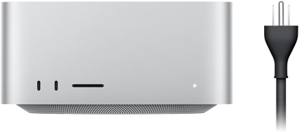 Mac Studio, front, two USB-C ports, SDXC card slot, status indicator light, tapered base at bottom, flat top, rounded sides, straight edges, Silver colour, black power cord with three-prong power plug