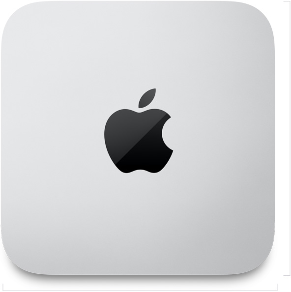Mac Studio, top, silver aluminum, square, rounded corners, glossy black Apple logo centred