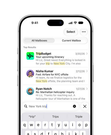 iPhone 18 Pro, Silver, screen showing selection of emails retrieved from search term New York City trip