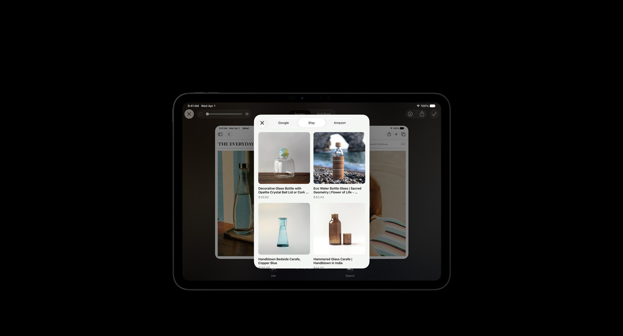 iPad Pro 11, Space Black, screen shows image of products in response to Visual Intelligence onscreen query about glass bottles, Ask or Image Search buttons displayed under images